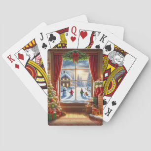 Cozy Christmas Window Scene Poker Cards