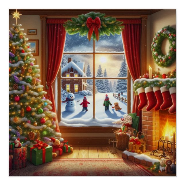 Cozy Christmas Window Scene Poster (Front)