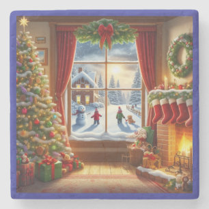 Cozy Christmas Window Scene Stone Coaster