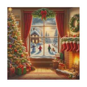 Cozy Christmas Window Scene Wood Wall Art