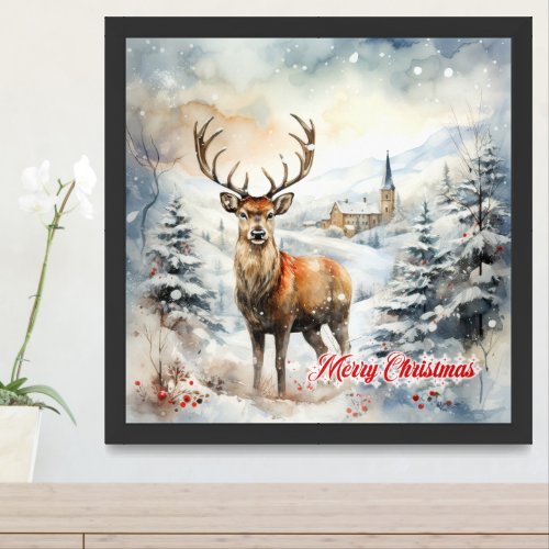 Cozy Christmas winter scene with reindeer Framed Art