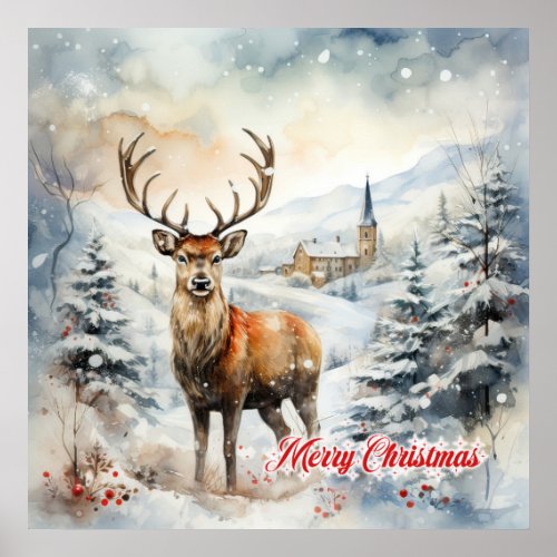 Cozy Christmas winter scene with reindeer Poster