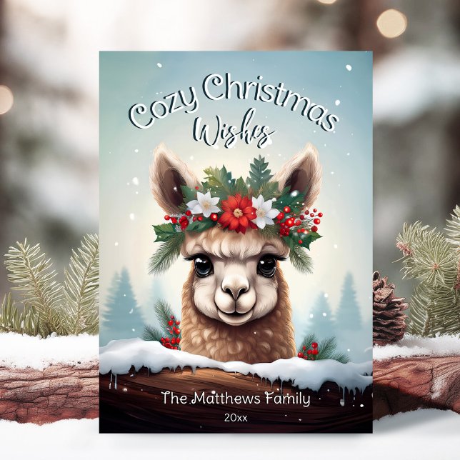 Cozy Christmas Wishes Winter Wonderland Alpaca Holiday Card (Adorable Winter Snowy Scene With Peeking Dogs or Farm/Woodland Animals - Over 50 to Choose From!)