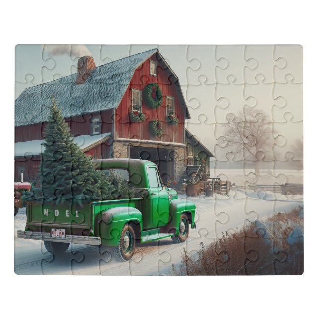  Cozy Christmas with a Rustic green truck in front Jigsaw Puzzle (Puzzle Horizontal)
