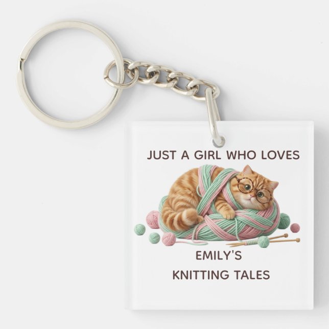 Cozy Chunky Knit Cat Custom Name Acrylic Keychain (Front)