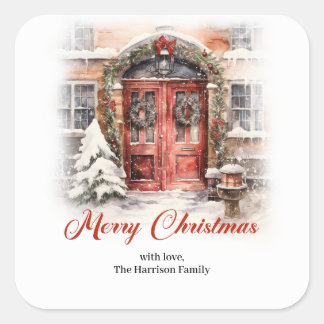 Cozy city festive atmosphere red Christmas door Square Sticker