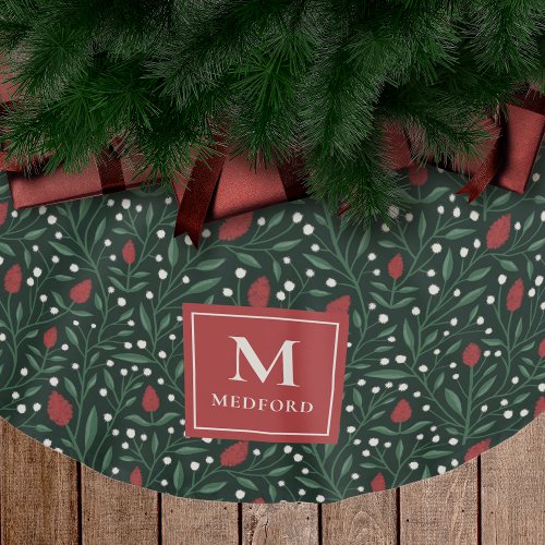 Cozy Classic Floral Christmas Pattern Monogram Brushed Polyester Tree Skirt