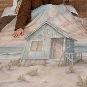 Cozy Coastal Cottage Beach House Watercolor Fleece Blanket
