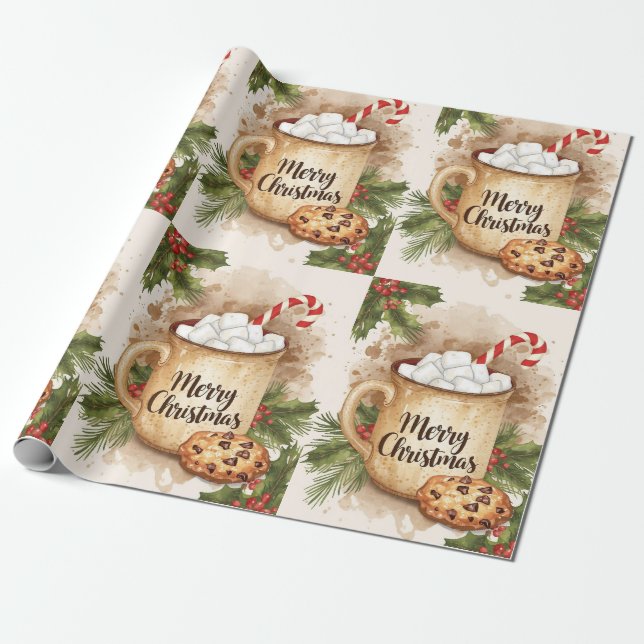 Cozy cocoa merry Christmas cookie holly festive Wrapping Paper (Unrolled)