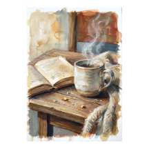 Cozy Coffee and Book Watercolour Poster | Hygge Re