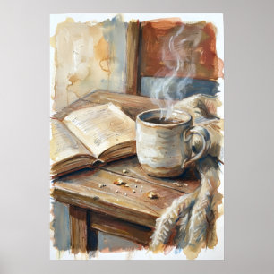 Cozy Coffee and Book Watercolour Poster Hygge Re