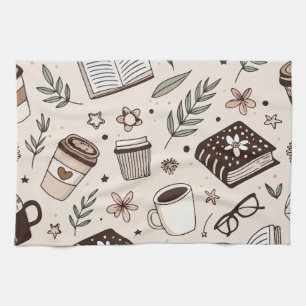 Cozy Coffee & Book Pattern Neutral Aesthetic Kitchen Towel