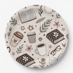 Cozy Coffee & Book Pattern Neutral Aesthetic Paper Plates