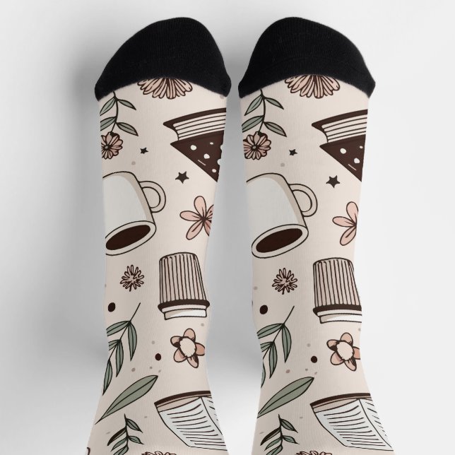 Cozy Coffee & Book Pattern Neutral Aesthetic Socks (Top)