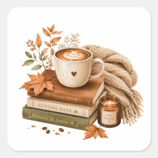 Cozy Coffee Books Autumn Art Square Sticker