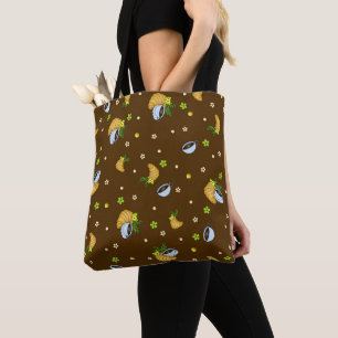 Cozy Coffee & Croissant Floral Pattern Dark Brow Tote Bag
