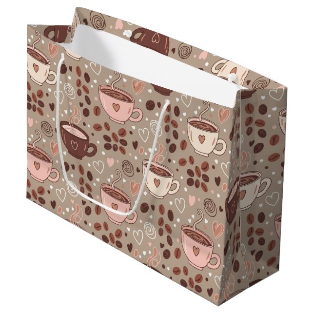 Cozy Coffee Cup Pattern (8) Large Gift Bag (Front Angled)