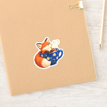 Cozy Coffee Fox Cobalt Cup Gouache Sticker