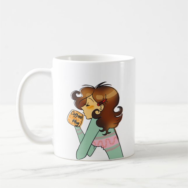 Cozy Coffee Girl Morning Illustration Coffee Mug (Left)
