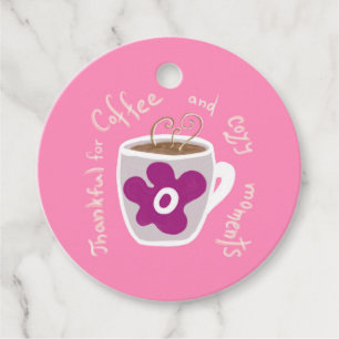 Cozy coffee mug with large flower and quote favor tags
