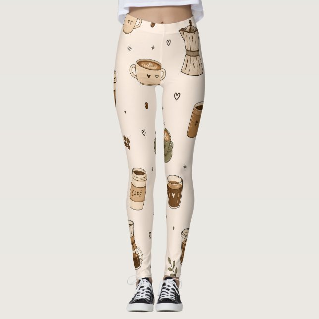 Cozy Coffee Pattern | Cute Café Drinks & Espresso  Leggings (Front)