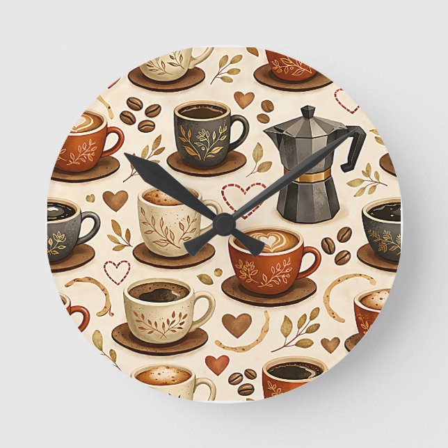 Cozy Coffee Time - Warm Aesthetic Seamless Pattern Round Clock (Front)