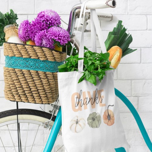 Cozy Colorful Pastel Give Thanks and Pumpkin Grocery Bag