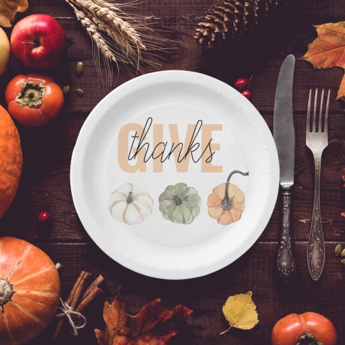 Cozy Colorful Pastel Give Thanks and Pumpkin Paper Plates