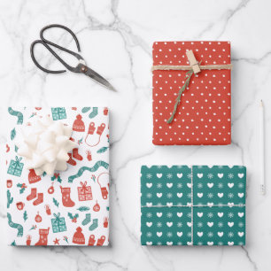 Cozy Coral Teal Mixed Christmas Patterns Wrapping Paper Sheets