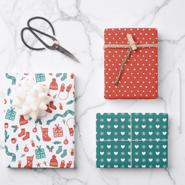 Cozy Coral Teal Mixed Christmas Patterns Wrapping Paper Sheets (Front)