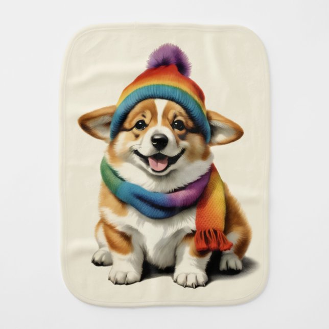 Cozy corgi baby burp cloth (Front)
