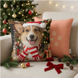 Cozy Corgi Christmas Paw Print Design Throw Pillow