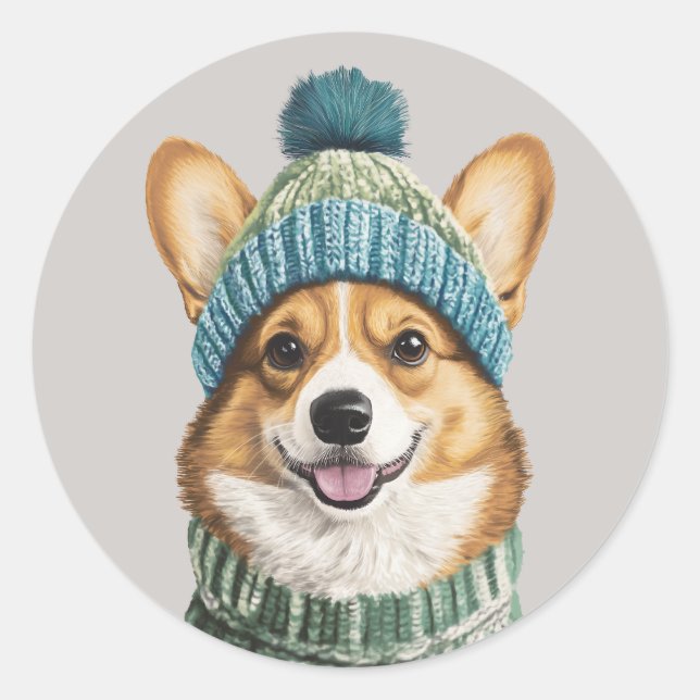 Cozy Corgi in Winter Gear Classic Round Sticker (Front)
