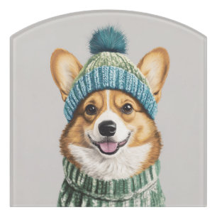 Cozy Corgi in Winter Gear Door Sign