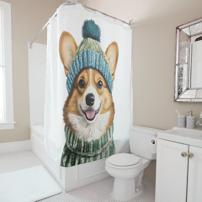 Cozy Corgi in Winter Gear Shower Curtain (In Situ)