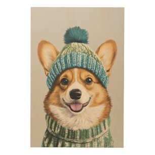 Cozy Corgi in Winter Gear Wood Wall Art