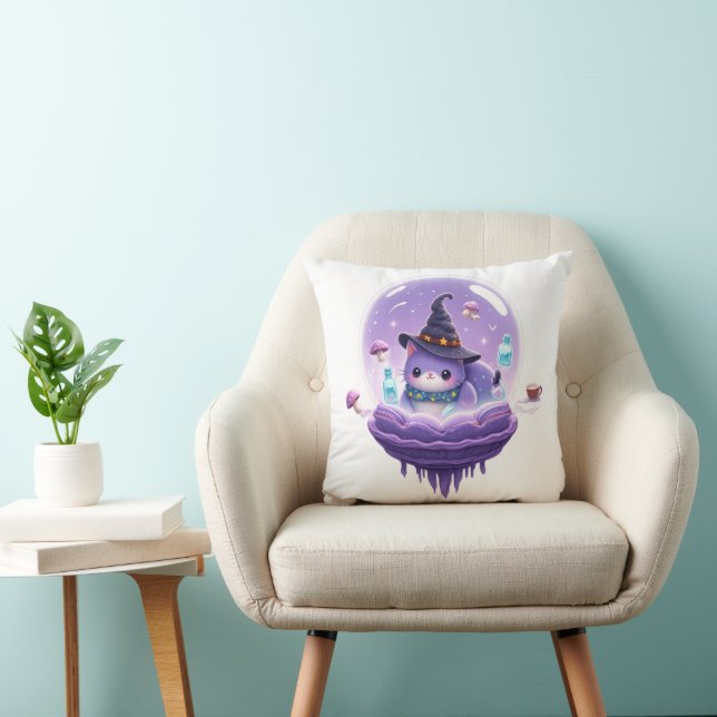 Cozy Cosmic Witch Cat Galaxy Throw Pillow (Chair)