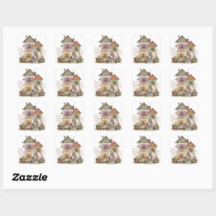 Cozy Cottage and Puppy Square Sticker