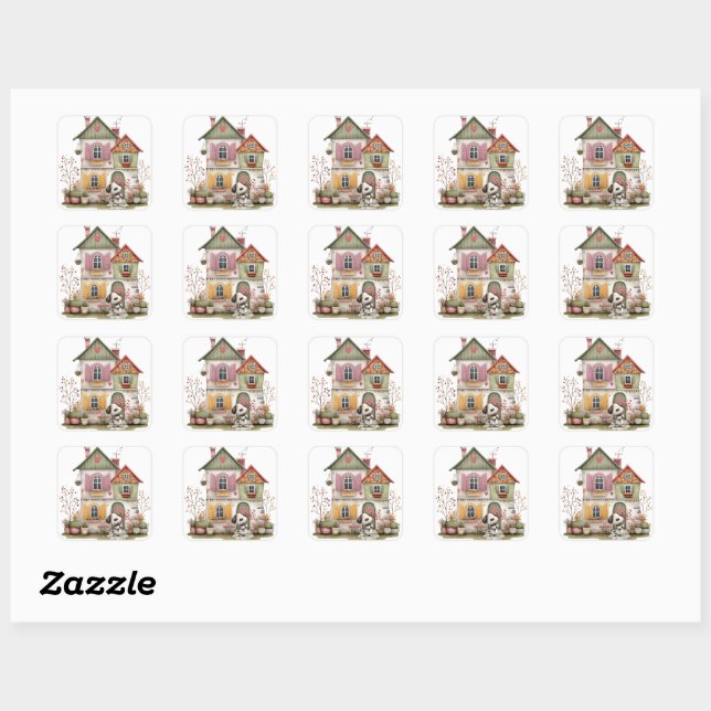 Cozy Cottage and Puppy Square Sticker (Sheet)