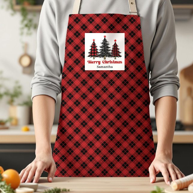 Cozy Cottage Buffalo Plaid Trees Custom Name Apron (Cozy Cottage Buffalo Plaid Tree Custom Name Apron Gift)