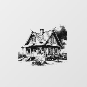 Cozy Cottage Cabin Sketch Wall Decal Vintage Line 
