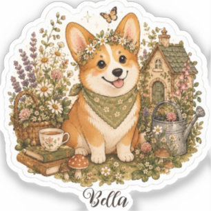 Cozy Cottage Corgi Wildflowers Custom Dog Name Sticker