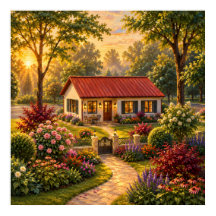Cozy Cottage Garden at Sunset Oil Painting Print