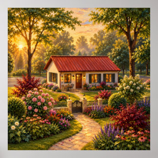 Cozy Cottage Garden at Sunset Oil Painting Print