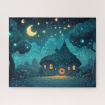 Cozy Cottage Glowing Under Crescent Moon