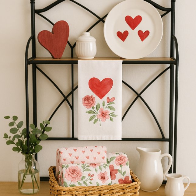 Cozy Cottage Heart and Roses  Kitchen Towel (Add romantic charm to your kitchen with Valentine’s Day towels featuring hearts, and roses)