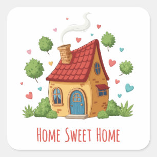 Cozy Cottage "Home Sweet Home" Cute Illustration Square Sticker