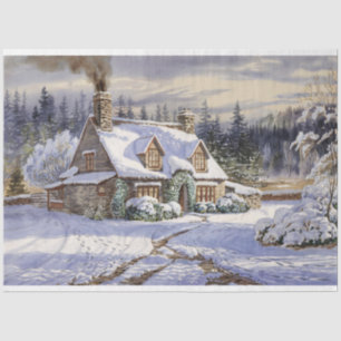 Cozy Cottage Landscape Winter Watercolor Decoupage Tissue Paper