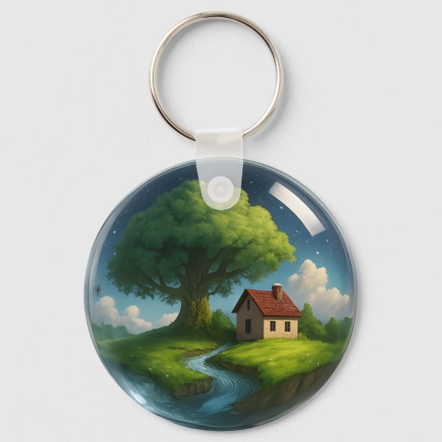Cozy Cottage Nature Keychain – Tree & River (Front)