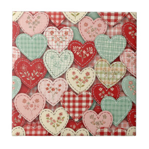 Cozy Cottage Patchwork Heart Plaid Design Ceramic Tile